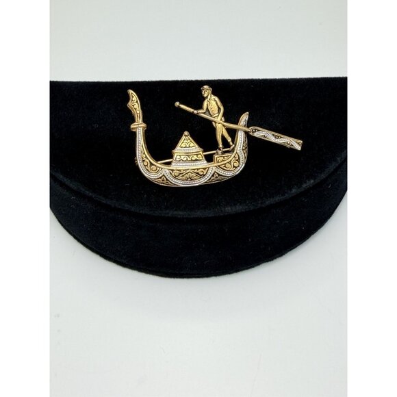 Vintage Spanish Damascene Venetian Gondola Brooch Pin Signed Spain Toledo Style - Picture 3 of 7